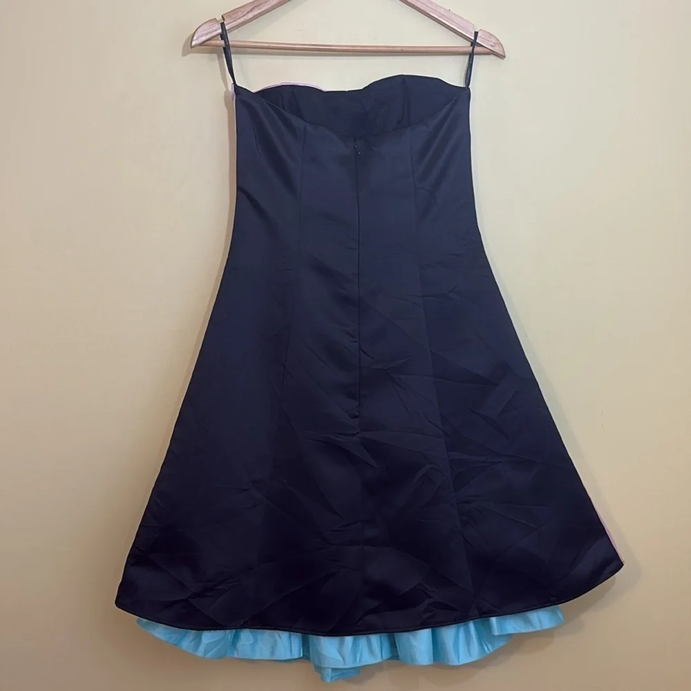 Gunne Sax Vintage Colorblock Black Pink Blue Strapless Alice In Wonderland Dress